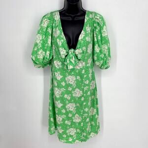 River Island Dress NEW Women Sz US 8 Green White Floral V-Neck Short Poof Sleeve